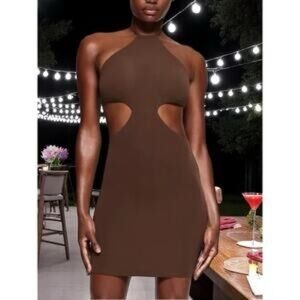 SKIMS Brown Bodycon Halter Dress with Cutouts